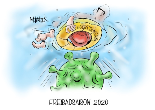 Cartoon: Freibadsaison 2020 (medium) by Mirco Tomicek tagged corona,lockerungen,covid19,freibad,bad,baden,schwimmbad,freizeit,wochenende,gewohnheit,schwimmen,virus,sommer,wetter,pfingsten,pfingstferien,corona,lockerungen,covid19,freibad,bad,baden,schwimmbad,freizeit,wochenende,gewohnheit,schwimmen,virus,sommer,wetter,pfingsten,pfingstferien