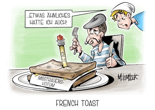 Cartoon: French Toast (medium) by Mirco Tomicek tagged misstrauensvotum,misstrauen,votum,misstrauensantrag,le,pen,macron,frankreich,regierung,french,toast,karikatur,pressekarikatur,cartoon,mirco,tomicek,misstrauensvotum,misstrauen,votum,misstrauensantrag,le,pen,macron,frankreich,regierung,french,toast,karikatur,pressekarikatur,cartoon,mirco,tomicek