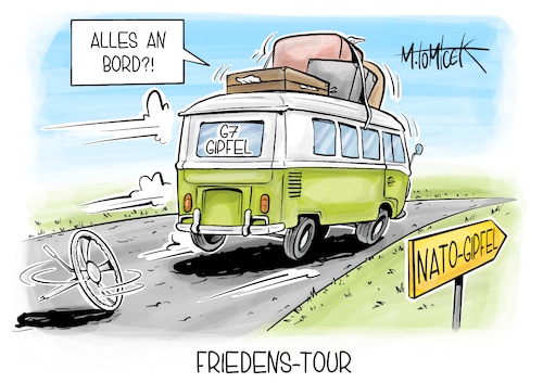 Cartoon: Friedens-Tour (medium) by Mirco Tomicek tagged g7,nato,gipfel,olaf,scholz,abschlusserklärung,madrid,staatschefs,präsidenten,klimaklub,klima,club,klimaschutz,ernährungssicherheit,ernährung,nahrung,milliarden,weizen,russland,sanktion,urlaub,reisen,bulli,van,wohnmobil,camping,cartoon,karikatur,pressekarikatur,mirco,tomicek,g7,nato,gipfel,olaf,scholz,abschlusserklärung,madrid,staatschefs,präsidenten,klimaklub,klima,club,klimaschutz,ernährungssicherheit,ernährung,nahrung,milliarden,weizen,russland,sanktion,urlaub,reisen,bulli,van,wohnmobil,camping,cartoon,karikatur,pressekarikatur,mirco,tomicek