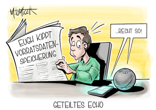 Cartoon: Geteiltes Echo (medium) by Mirco Tomicek tagged eugh,gesetz,deutschland,vorratsdatenspeicherung,eu,recht,daten,datenspeicherung,online,web,surfen,digital,ip,adresse,alexa,echo,amazon,siri,smartphone,ki,cartoon,karikatur,pressekarikatur,mirco,tomicek,eugh,gesetz,deutschland,vorratsdatenspeicherung,eu,recht,daten,datenspeicherung,online,web,surfen,digital,ip,adresse,alexa,echo,amazon,siri,smartphone,ki,cartoon,karikatur,pressekarikatur,mirco,tomicek