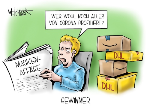 Cartoon: Gewinner (medium) by Mirco Tomicek tagged masken,affäre,maskenaffäre,union,cdu,csu,nikolas,löbel,georg,nüßlein,corona,pandemie,lockdown,shutdown,virus,viren,schutzmasken,maske,profitiert,profiteure,krise,geld,umsatz,dhl,deutsche,post,boom,umsatzzahlen,amazon,versand,pakete,paketdienst,dienst,zustellung,bestellung,online,shopping,shop,web,cartoon,karikatur,pressekarikatur,mirco,tomicek,masken,affäre,maskenaffäre,union,cdu,csu,nikolas,löbel,georg,nüßlein,corona,pandemie,lockdown,shutdown,virus,viren,schutzmasken,maske,profitiert,profiteure,krise,geld,umsatz,dhl,deutsche,post,boom,umsatzzahlen,amazon,versand,pakete,paketdienst,dienst,zustellung,bestellung,online,shopping,shop,web,cartoon,karikatur,pressekarikatur,mirco,tomicek