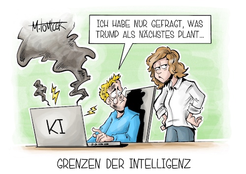 Cartoon: Grenzen der Intelligenz (medium) by Mirco Tomicek tagged donald,trump,pläne,usa,us,amerika,politik,gaza,gazastreifen,nahost,handelskrieg,strafzölle,zoll,zölle,china,mexiko,europa,kanada,ki,künstliche,intelligenz,chatgpt,karikatur,pressekarikatur,cartoon,mirco,tomicek,donald,trump,pläne,usa,us,amerika,politik,gaza,gazastreifen,nahost,handelskrieg,strafzölle,zoll,zölle,china,mexiko,europa,kanada,ki,künstliche,intelligenz,chatgpt,karikatur,pressekarikatur,cartoon,mirco,tomicek