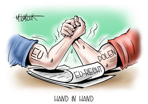 Cartoon: Hand in Hand (medium) by Mirco Tomicek tagged eu,kommission,ursula,von,der,leyen,europa,polen,sanktionen,sanktion,recht,infragestellen,vorwürfe,mateusz,morawiecki,vertragsverletzungsverfahren,drohungen,drohung,cartoon,karikatur,pressekarikatur,mirco,tomicek,hand,eu,kommission,ursula,von,der,leyen,europa,polen,sanktionen,sanktion,recht,infragestellen,vorwürfe,mateusz,morawiecki,vertragsverletzungsverfahren,drohungen,drohung,cartoon,karikatur,pressekarikatur,mirco,tomicek