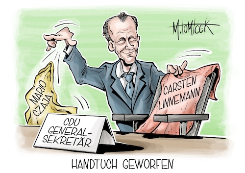 Cartoon: Handtuch geworfen (medium) by Mirco Tomicek tagged cdu,generalsekretär,mario,czaja,carsten,linnemann,friedrich,merz,union,politik,karikatur,pressekarikatur,cartoon,mirco,tomicek,cdu,generalsekretär,mario,czaja,carsten,linnemann,friedrich,merz,union,politik,karikatur,pressekarikatur,cartoon,mirco,tomicek