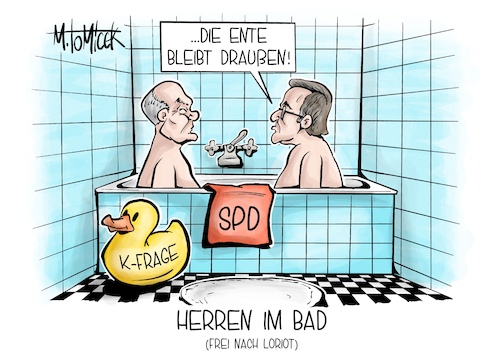 Cartoon: Herren im Bad (medium) by Mirco Tomicek tagged olaf,scholz,boris,pistorius,spd,kanzlerfrage,kfrage,frage,kanzlerkandidat,kanzlerkandidatur,wahl,wahlen,neuwahl,neuwahlen,kanzleramt,debatte,herren,im,bad,loriot,karikatur,pressekarikatur,cartoon,mirco,tomicek,olaf,scholz,boris,pistorius,spd,kanzlerfrage,kfrage,frage,kanzlerkandidat,kanzlerkandidatur,wahl,wahlen,neuwahl,neuwahlen,kanzleramt,debatte,herren,im,bad,loriot,karikatur,pressekarikatur,cartoon,mirco,tomicek