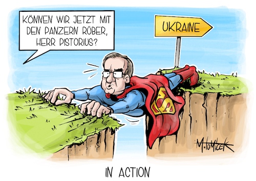 Cartoon: In Action (medium) by Mirco Tomicek tagged boris,pistorius,verteidigungsminister,minister,verteidigung,panzer,ukraine,krieg,leopard,kampfpanzer,schützenpanzer,bundeswehr,waffen,waffenlieferung,lieferung,russland,superman,karikatur,pressekarikatur,cartoon,mirco,tomicek,boris,pistorius,verteidigungsminister,minister,verteidigung,panzer,ukraine,krieg,leopard,kampfpanzer,schützenpanzer,bundeswehr,waffen,waffenlieferung,lieferung,russland,superman,karikatur,pressekarikatur,cartoon,mirco,tomicek