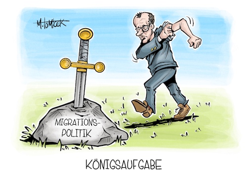 Cartoon: Königsaufgabe (medium) by Mirco Tomicek tagged asyl,asylrecht,asylpolitik,migration,migrationspolitik,politik,friedrich,merz,union,cdu,afd,alternative,für,deutschland,wahle,neuwahlen,wahlen,neuwahl,wähler,excalibur,karikatur,pressekarikatur,cartoon,mirco,tomicek,asyl,asylrecht,asylpolitik,migration,migrationspolitik,politik,friedrich,merz,union,cdu,afd,alternative,für,deutschland,wahle,neuwahlen,wahlen,neuwahl,wähler,excalibur,karikatur,pressekarikatur,cartoon,mirco,tomicek