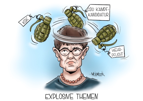 Cartoon: Kramp-Karrenbauer (medium) by Mirco Tomicek tagged kramp,karrenbauer,akk,bundeswehr,bund,ksk,cdu,kampfkandidatur,kandidatur,freiwilligendienst,freiwilligen,wehrdienst,militär,karikatur,cartoon,mirco,tomicek,kramp,karrenbauer,akk,bundeswehr,bund,ksk,cdu,kampfkandidatur,kandidatur,freiwilligendienst,freiwilligen,wehrdienst,militär,karikatur,cartoon,mirco,tomicek