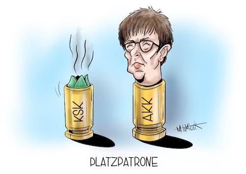 Cartoon: KSK Platzpatrone (medium) by Mirco Tomicek tagged ksk,bundeswehr,elite,elitetruppe,annegret,kramp,karrenbauer,cdu,untersuchung,teil,auflösen,aufgelöst,beobachtung,rechtsextrem,rechts,karikatur,mirco,tomicek,ksk,bundeswehr,elite,elitetruppe,annegret,kramp,karrenbauer,cdu,untersuchung,teil,auflösen,aufgelöst,beobachtung,rechtsextrem,rechts,karikatur,mirco,tomicek