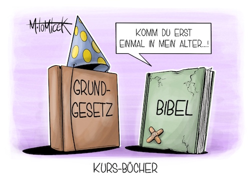 Cartoon: Kurs-Bücher (medium) by Mirco Tomicek tagged grundgesetz,75,jahre,verfassungskonvent,entwurf,herrenchiemsee,bibel,bücher,karikatur,cartoon,pressekarikatur,mirco,tomicek,grundgesetz,75,jahre,verfassungskonvent,entwurf,herrenchiemsee,bibel,bücher,karikatur,cartoon,pressekarikatur,mirco,tomicek