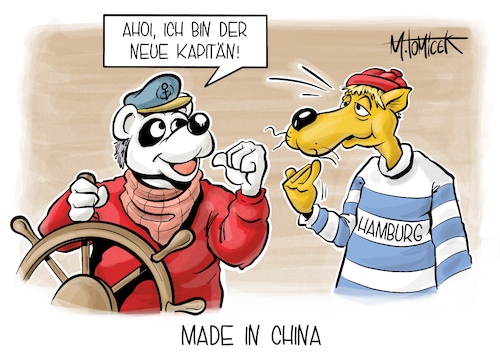 Cartoon: Made in China (medium) by Mirco Tomicek tagged hamburg,china,hafen,hafenterminal,terminal,chinesischen,staatskonzern,reederei,cosco,container,anteil,abhängig,abhängigkeit,deutschland,schiffe,schifffahrt,kapitän,käptn,blaubär,cartoon,karikatur,pressekarikatur,mirco,tomicek,hamburg,china,hafen,hafenterminal,terminal,chinesischen,staatskonzern,reederei,cosco,container,anteil,abhängig,abhängigkeit,deutschland,schiffe,schifffahrt,kapitän,käptn,blaubär,cartoon,karikatur,pressekarikatur,mirco,tomicek