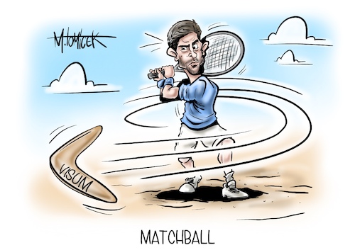 Cartoon: Matchball (medium) by Mirco Tomicek tagged australien,visum,novak,djokovic,australian,open,2022,tennis,profi,tennisspielen,tennisball,boomerang,matchball,topstar,star,regierung,corona,impfung,impf,nicht,geimpft,coronatest,test,impfstatus,pandemie,maßnahmen,regeln,cartoon,karikatur,pressekarikatur,mirco,tomicek,australien,visum,novak,djokovic,australian,open,2022,tennis,profi,tennisspielen,tennisball,boomerang,matchball,topstar,star,regierung,corona,impfung,impf,nicht,geimpft,coronatest,test,impfstatus,pandemie,maßnahmen,regeln,cartoon,karikatur,pressekarikatur,mirco,tomicek