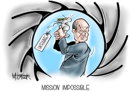 Cartoon: Mission Impossible (medium) by Mirco Tomicek tagged olaf,scholz,bundeskanzler,kanzler,treffen,wladimir,putin,kreml,kremlchef,moskau,russland,ukraine,konflikt,krise,frieden,truppen,abzug,lage,cartoon,karikatur,pressekarikatur,mirco,tomicek,olaf,scholz,bundeskanzler,kanzler,treffen,wladimir,putin,kreml,kremlchef,moskau,russland,ukraine,konflikt,krise,frieden,truppen,abzug,lage,cartoon,karikatur,pressekarikatur,mirco,tomicek