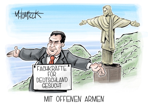 Cartoon: Mit offenen Armen (medium) by Mirco Tomicek tagged deutschland,pfleger,pflegerinnen,fachkraft,fachkräfte,arbeit,annalena,baerbock,hubertus,heil,brasilien,visa,pflegeheim,pflegekräfte,arbeitsmarkt,arbeitsminister,cartoon,karikatur,pressekarikatur,mirco,tomicek,deutschland,pfleger,pflegerinnen,fachkraft,fachkräfte,arbeit,annalena,baerbock,hubertus,heil,brasilien,visa,pflegeheim,pflegekräfte,arbeitsmarkt,arbeitsminister,cartoon,karikatur,pressekarikatur,mirco,tomicek