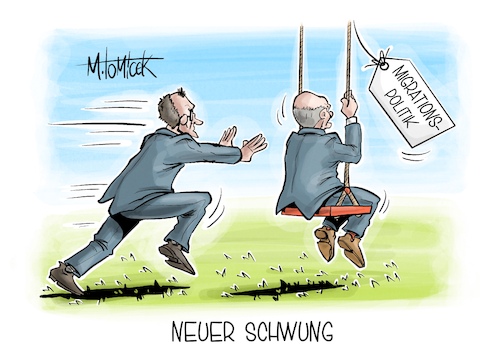 Cartoon: Neuer Schwung (medium) by Mirco Tomicek tagged migration,migrationspolitik,asyl,flüchtlinge,asylpolitik,friedrich,merz,olaf,scholz,gespräche,anschlag,solingen,attacke,messeranschlag,neuer,schwung,landtagswahlen,thüringen,sachsen,wahlen,wahl,karikatur,pressekarikatur,cartoon,mirco,tomicek,migration,migrationspolitik,asyl,flüchtlinge,asylpolitik,friedrich,merz,olaf,scholz,gespräche,anschlag,solingen,attacke,messeranschlag,neuer,schwung,landtagswahlen,thüringen,sachsen,wahlen,wahl,karikatur,pressekarikatur,cartoon,mirco,tomicek