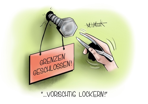 Cartoon: Öffnung der Grenzen. (medium) by Mirco Tomicek tagged lockdown,corona,grenzen,lockerung,deutschland,tomicek,covid19,news,lockdown,corona,grenzen,lockerung,deutschland,tomicek,covid19,news