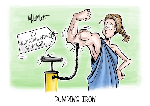 Cartoon: Pumping Iron (medium) by Mirco Tomicek tagged europa,eu,verteidigung,verteidigungsstrategie,strategie,aufrüstung,militär,bundeswehr,kommission,plan,waffen,ukraine,krieg,russland,usa,trump,putin,außenpolitik,frieden,pumping,iron,karikatur,pressekarikatur,cartoon,mirco,tomicek,europa,eu,verteidigung,verteidigungsstrategie,strategie,aufrüstung,militär,bundeswehr,kommission,plan,waffen,ukraine,krieg,russland,usa,trump,putin,außenpolitik,frieden,pumping,iron,karikatur,pressekarikatur,cartoon,mirco,tomicek