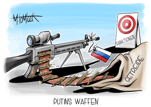 Cartoon: Putins Waffen (medium) by Mirco Tomicek tagged wladimir,putin,russland,krieg,ukraine,sanktion,sanktionen,aufhebung,getreide,mehl,lieferung,lieferungen,getreidelieferungen,russische,soldaten,waffen,waffe,cartoon,karikatur,pressekarikatur,mirco,tomicek,wladimir,putin,russland,krieg,ukraine,sanktion,sanktionen,aufhebung,getreide,mehl,lieferung,lieferungen,getreidelieferungen,russische,soldaten,waffen,waffe,cartoon,karikatur,pressekarikatur,mirco,tomicek