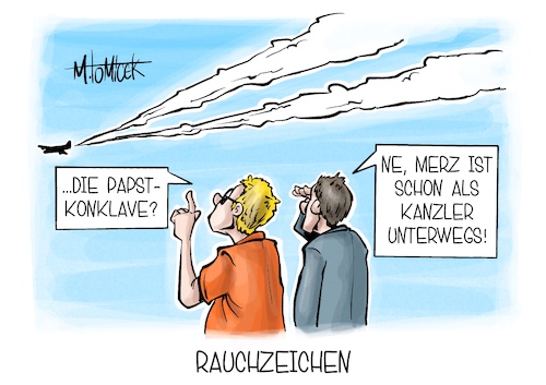 Cartoon: Rauchzeichen (medium) by Mirco Tomicek tagged friedrich,merz,kanzler,bundeskanzler,wahl,wahlen,union,spd,cdu,koalition,auslandsreise,frankreich,polen,rauch,vatikan,konklave,papst,rom,karikatur,pressekarikatur,cartoon,mirco,tomicek,friedrich,merz,kanzler,bundeskanzler,wahl,wahlen,union,spd,cdu,koalition,auslandsreise,frankreich,polen,rauch,vatikan,konklave,papst,rom,karikatur,pressekarikatur,cartoon,mirco,tomicek