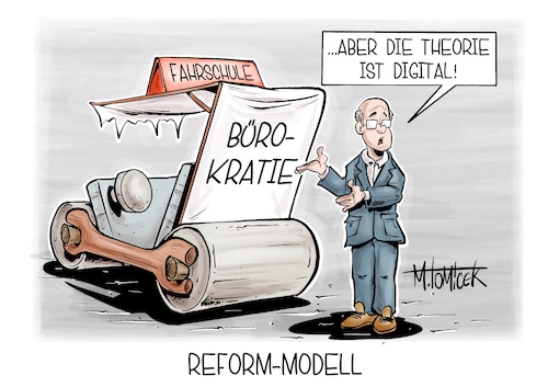 Cartoon: Reform-Modell (medium) by Mirco Tomicek tagged bundeskabinett,gesetzentwurf,gesetz,entwurf,führerschein,reform,reformen,führerscheinreform,fahrschulen,fahrschule,digital,digitalisierung,online,unterricht,kosten,günstiger,bürokratie,karikatur,cartoon,pressekarikatur,mirco,tomicek,bundeskabinett,gesetzentwurf,gesetz,entwurf,führerschein,reform,reformen,führerscheinreform,fahrschulen,fahrschule,digital,digitalisierung,online,unterricht,kosten,günstiger,bürokratie,karikatur,cartoon,pressekarikatur,mirco,tomicek