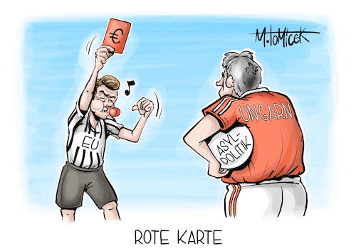 Cartoon: Rote Karte (medium) by Mirco Tomicek tagged eugh,europäsicher,gerichtshof,sanktionen,ungarn,urteil,verurteilt,asyl,asylpolitik,politik,migration,europa,em,fußball,eu,asylsystem,orban,karikatur,pressekarikatur,cartoon,mirco,tomicek,eugh,europäsicher,gerichtshof,sanktionen,ungarn,urteil,verurteilt,asyl,asylpolitik,politik,migration,europa,em,fußball,eu,asylsystem,orban,karikatur,pressekarikatur,cartoon,mirco,tomicek