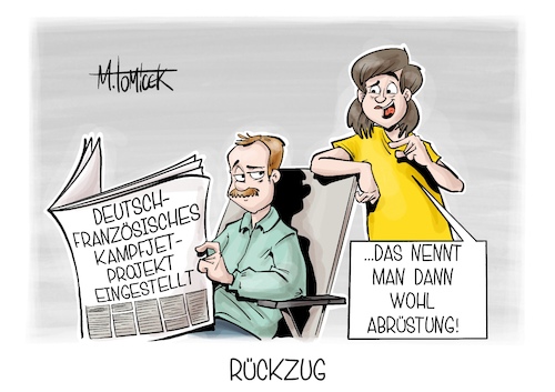 Cartoon: Rückzug (medium) by Mirco Tomicek tagged fcas,projekt,kampfjet,jet,deutschland,frankreich,flugzeug,eurojet,militär,bundeswehr,abrüstung,verteidigung,karikatur,pressekarikatur,cartoon,mirco,tomicek,fcas,projekt,kampfjet,jet,deutschland,frankreich,flugzeug,eurojet,militär,bundeswehr,abrüstung,verteidigung,karikatur,pressekarikatur,cartoon,mirco,tomicek