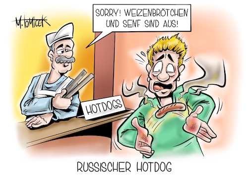 Cartoon: Russischer Hotdog (medium) by Mirco Tomicek tagged weizen,mehl,weizenmehl,backen,brot,brötchen,bäcker,senf,senfsamen,rohstoff,weltmarkt,saaten,saat,öl,sonnenblumen,sonnenblumenöl,ukraine,krieg,krise,russland,einkaufen,kaufen,supermarkt,regale,markt,handel,einzelhandel,karikatur,pressekarikatur,cartoon,mirco,tomicek,weizen,mehl,weizenmehl,backen,brot,brötchen,bäcker,senf,senfsamen,rohstoff,weltmarkt,saaten,saat,öl,sonnenblumen,sonnenblumenöl,ukraine,krieg,krise,russland,einkaufen,kaufen,supermarkt,regale,markt,handel,einzelhandel,karikatur,pressekarikatur,cartoon,mirco,tomicek