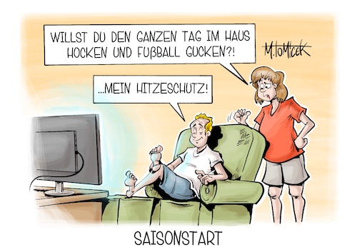 Cartoon: Saisonstart (medium) by Mirco Tomicek tagged debatte,hitze,hitzeschutz,sommer,sonne,heiß,schatten,abkühlung,hitzeplan,saison,saisonstart,zweite,bundesliga,fußball,startschuss,anpfiff,fußballer,fernsehen,karikatur,cartoon,pressekarikatur,mirco,tomicek,debatte,hitze,hitzeschutz,sommer,sonne,heiß,schatten,abkühlung,hitzeplan,saison,saisonstart,zweite,bundesliga,fußball,startschuss,anpfiff,fußballer,fernsehen,karikatur,cartoon,pressekarikatur,mirco,tomicek