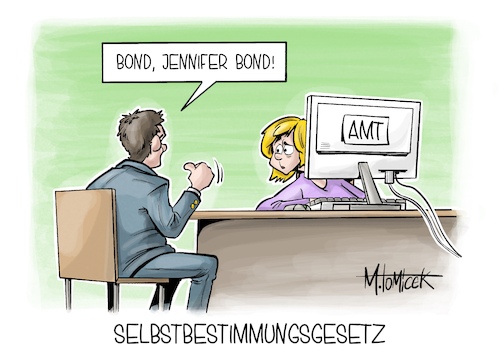 Cartoon: Selbstbestimmungsgesetz (medium) by Mirco Tomicek tagged selbstbestimmungsgesetz,selbstbestimmung,geschlecht,geschlechtseintrag,geschlechter,männlich,weiblich,mann,frau,amt,standesamt,bundestag,regelung,james,bond,karikatur,pressekarikatur,cartoon,mirco,tomicek,selbstbestimmungsgesetz,selbstbestimmung,geschlecht,geschlechtseintrag,geschlechter,männlich,weiblich,mann,frau,amt,standesamt,bundestag,regelung,james,bond,karikatur,pressekarikatur,cartoon,mirco,tomicek