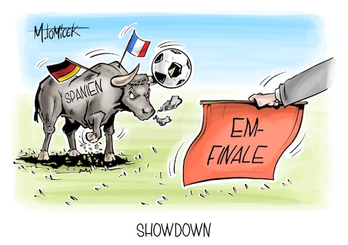 Cartoon: Showdown (medium) by Mirco Tomicek tagged spanien,frankreich,em,halbfinale,finale,europameisterschaft,europameister,england,holland,niederlande,fußball,fußballmannschaft,showdown,titel,stierkamp,stier,cartoon,karikatur,pressekarikatur,mirco,tomicek,spanien,frankreich,em,halbfinale,finale,europameisterschaft,europameister,england,holland,niederlande,fußball,fußballmannschaft,showdown,titel,stierkamp,stier,cartoon,karikatur,pressekarikatur,mirco,tomicek