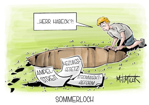 Cartoon: Sommerloch (medium) by Mirco Tomicek tagged robert,habeck,heizungsgesetz,heizung,gesetz,timing,wirtschaftsminister,eu,strom,strommarkt,reform,ampel,koalition,ampelkoalition,streit,sommerloch,karikatur,cartoon,pressekarikatur,mirco,tomicek,robert,habeck,heizungsgesetz,heizung,gesetz,timing,wirtschaftsminister,eu,strom,strommarkt,reform,ampel,koalition,ampelkoalition,streit,sommerloch,karikatur,cartoon,pressekarikatur,mirco,tomicek