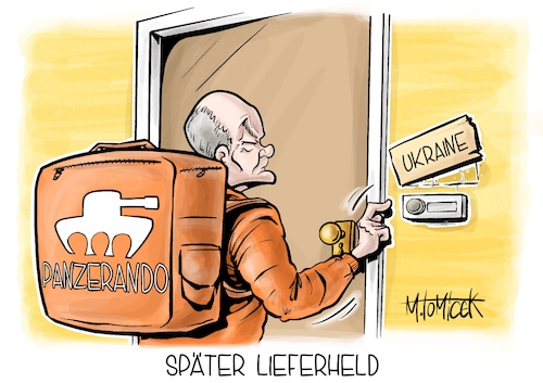 Cartoon: Später Lieferheld (medium) by Mirco Tomicek tagged olaf,scholz,panzer,panzerlieferung,lieferung,waffenlieferung,waffen,liefern,ukraine,lieferungen,kampfpanzer,leopard,russland,kanzler,lieferando,cartoon,karikatur,pressekarikatur,mirco,tomicek,olaf,scholz,panzer,panzerlieferung,lieferung,waffenlieferung,waffen,liefern,ukraine,lieferungen,kampfpanzer,leopard,russland,kanzler,lieferando,cartoon,karikatur,pressekarikatur,mirco,tomicek