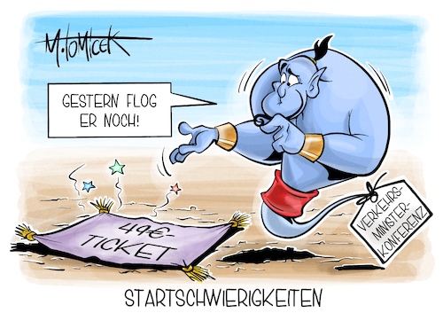 Cartoon: Startschwierigkeiten (medium) by Mirco Tomicek tagged verkehrsminister,verkehr,minister,verkehrsministerkonferenz,49,euro,ticket,tickets,öpnv,zug,bahn,züge,bus,busse,start,fahrschein,nahverkehr,disney,aladdin,dschinni,fliegender,teppich,cartoon,karikatur,pressekarikatur,mirco,tomicek,verkehrsminister,verkehr,minister,verkehrsministerkonferenz,49,euro,ticket,tickets,öpnv,zug,bahn,züge,bus,busse,start,fahrschein,nahverkehr,disney,aladdin,dschinni,fliegender,teppich,cartoon,karikatur,pressekarikatur,mirco,tomicek