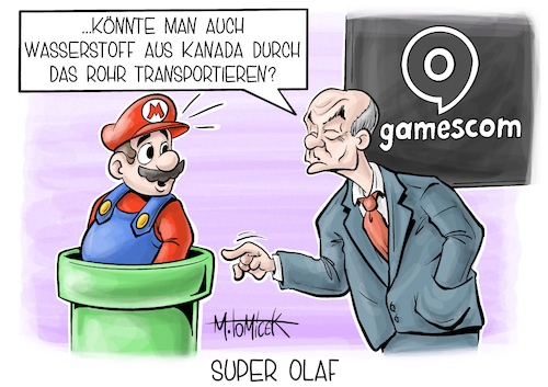 Cartoon: Super Olaf (medium) by Mirco Tomicek tagged kanada,wasserstoff,flüssiggas,energiekrise,krise,energie,energien,gas,gaslieferung,olaf,scholz,robert,habeck,gamescom,gaming,spiele,computerspiele,konsolen,super,mario,köln,messe,karikatur,pressekarikatur,cartoon,mirco,tomicek,kanada,wasserstoff,flüssiggas,energiekrise,krise,energie,energien,gas,gaslieferung,olaf,scholz,robert,habeck,gamescom,gaming,spiele,computerspiele,konsolen,super,mario,köln,messe,karikatur,pressekarikatur,cartoon,mirco,tomicek