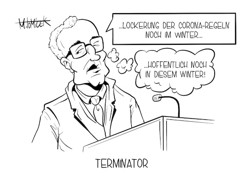 Cartoon: Terminator (medium) by Mirco Tomicek tagged jens,spahn,lockerung,lockerungen,corona,regeln,covid19,maßnahmen,lockdown,shutdown,winter,maßnahme,regelungen,lock,deutschland,gesundheitsminister,bundesgesundheitsminister,cartoon,karikatur,pressekarikatur,mirco,tomicek,jens,spahn,lockerung,lockerungen,corona,regeln,covid19,maßnahmen,lockdown,shutdown,winter,maßnahme,regelungen,lock,deutschland,gesundheitsminister,bundesgesundheitsminister,cartoon,karikatur,pressekarikatur,mirco,tomicek