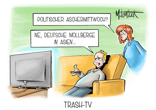 Cartoon: Trash-TV (medium) by Mirco Tomicek tagged politischer,aschermittwoch,politik,schlagabtausch,parteien,politiker,reden,fasching,karneval,plastikmüll,deutsch,deutscher,abfall,müll,müllberge,plastik,china,asien,exporte,export,vermüllung,cartoon,karikatur,pressekarikatur,mirco,tomicek,politischer,aschermittwoch,politik,schlagabtausch,parteien,politiker,reden,fasching,karneval,plastikmüll,deutsch,deutscher,abfall,müll,müllberge,plastik,china,asien,exporte,export,vermüllung,cartoon,karikatur,pressekarikatur,mirco,tomicek