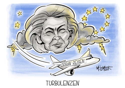 Cartoon: Turbulenzen (medium) by Mirco Tomicek tagged ungarn,viktor,orban,ursula,von,der,leyen,boykottiert,boykott,eu,europa,alleingänge,reisen,reise,kommissionspräsidentin,treffen,kommission,kommissare,karikatur,pressekarikatur,cartoon,mirco,tomicek,ungarn,viktor,orban,ursula,von,der,leyen,boykottiert,boykott,eu,europa,alleingänge,reisen,reise,kommissionspräsidentin,treffen,kommission,kommissare,karikatur,pressekarikatur,cartoon,mirco,tomicek