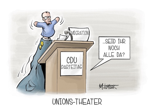 Cartoon: Unions-Theater (medium) by Mirco Tomicek tagged friedrich,merz,cdu,union,parteitag,migration,migrationspolitik,asylpolitik,asyl,asylrecht,zustrombegrenzungsgesetz,gesetz,bundestag,afd,abstimmung,neuwahl,neuwahlen,wahl,wahlen,stimmen,karikatur,pressekarikatur,cartoon,mirco,tomicek,friedrich,merz,cdu,union,parteitag,migration,migrationspolitik,asylpolitik,asyl,asylrecht,zustrombegrenzungsgesetz,gesetz,bundestag,afd,abstimmung,neuwahl,neuwahlen,wahl,wahlen,stimmen,karikatur,pressekarikatur,cartoon,mirco,tomicek