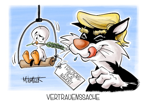 Cartoon: Vertrauenssache (medium) by Mirco Tomicek tagged nahost,krieg,iran,usa,amerika,us,präsident,donald,trump,frieden,friedensplan,einigung,deal,friedensverhandlung,friedensverhandlungen,verhandlungen,looney,tunes,tweety,sylvester,waffenruhe,karikatur,cartoon,pressekarikatur,mirco,tomicek,nahost,krieg,iran,usa,amerika,us,präsident,donald,trump,frieden,friedensplan,einigung,deal,friedensverhandlung,friedensverhandlungen,verhandlungen,looney,tunes,tweety,sylvester,waffenruhe,karikatur,cartoon,pressekarikatur,mirco,tomicek
