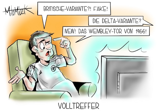 Cartoon: Volltreffer (medium) by Mirco Tomicek tagged deutschland,england,em,achtelfinale,europameisterschaft,fußball,nationalmannschaft,nationalelf,fußballspiel,britische,delta,variante,wembley,tor,1966,virus,corona,mutation,cartoon,karikatur,pressekarikatur,mirco,tomicek,deutschland,england,em,achtelfinale,europameisterschaft,fußball,nationalmannschaft,nationalelf,fußballspiel,britische,delta,variante,wembley,tor,1966,virus,corona,mutation,cartoon,karikatur,pressekarikatur,mirco,tomicek