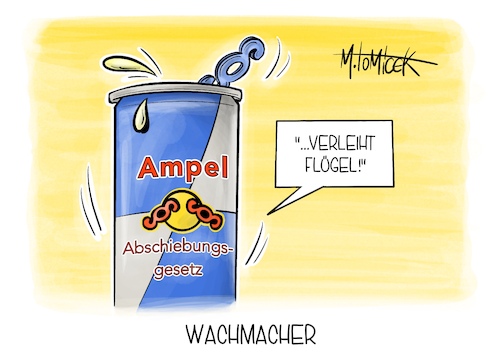 Cartoon: Wachmacher (medium) by Mirco Tomicek tagged bundesregierung,bundestag,kabinett,nancy,faeser,gesetz,gesetzentwurf,abschiebungsgesetz,abschiebung,asyl,migration,redbull,karikatur,cartoon,pressekarikatur,mirco,tomicek,bundesregierung,bundestag,kabinett,nancy,faeser,gesetz,gesetzentwurf,abschiebungsgesetz,abschiebung,asyl,migration,redbull,karikatur,cartoon,pressekarikatur,mirco,tomicek