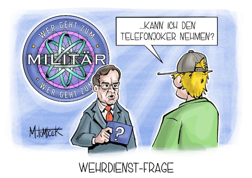 Cartoon: Wehrdienst-Frage (medium) by Mirco Tomicek tagged pistorius,wehrdienst,wehrpflicht,bundeswehr,wehrfrage,pflichtfragebogen,pflichtfrage,wehrerfassung,militär,soldaten,ausbildung,soldat,fragen,cartoon,wer,wird,millionär,karikatur,pressekarikatur,mirco,tomicek,pistorius,wehrdienst,wehrpflicht,bundeswehr,wehrfrage,pflichtfragebogen,pflichtfrage,wehrerfassung,militär,soldaten,ausbildung,soldat,fragen,cartoon,wer,wird,millionär,karikatur,pressekarikatur,mirco,tomicek