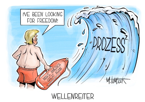 Cartoon: Wellenreiter (medium) by Mirco Tomicek tagged donald,trump,schuldspruch,gericht,prozess,berufung,usa,amerika,ex,präsident,schweigegeld,anklage,baywatch,david,hasselhoff,karikatur,pressekarikatur,cartoon,mirco,tomicek,donald,trump,schuldspruch,gericht,prozess,berufung,usa,amerika,ex,präsident,schweigegeld,anklage,baywatch,david,hasselhoff,karikatur,pressekarikatur,cartoon,mirco,tomicek