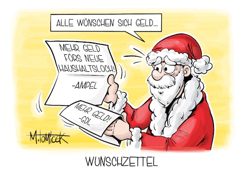 Cartoon: Wunschzettel (medium) by Mirco Tomicek tagged bahnstreik,bahnstreiks,bahn,gdl,lockführer,streik,streiks,zug,ausfälle,geld,forderungen,bundesverfassungsgericht,bund,bundesregierung,urteil,ampel,regierung,verfassungsgericht,corona,hilfe,klimaschutz,klima,schutz,gelder,mittel,haushalt,haushaltsloch,weihnachtsmann,karikatur,pressekarikatur,cartoon,mirco,tomicek,bahnstreik,bahnstreiks,bahn,gdl,lockführer,streik,streiks,zug,ausfälle,geld,forderungen,bundesverfassungsgericht,bund,bundesregierung,urteil,ampel,regierung,verfassungsgericht,corona,hilfe,klimaschutz,klima,schutz,gelder,mittel,haushalt,haushaltsloch,weihnachtsmann,karikatur,pressekarikatur,cartoon,mirco,tomicek