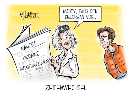 Cartoon: Zeitenwechsel (medium) by Mirco Tomicek tagged eu,gipfel,gipfeltreffen,brüssel,nahost,krieg,ukraine,gazastreifen,israel,hams,russland,antisemistimus,schlagzeilen,feuerpause,geschützte,korridore,hilfslieferungen,zurück,in,die,zukunft,marty,mcfly,doc,delorean,karikatur,pressekarikatur,cartoon,mirco,tomicek,eu,gipfel,gipfeltreffen,brüssel,nahost,krieg,ukraine,gazastreifen,israel,hams,russland,antisemistimus,schlagzeilen,feuerpause,geschützte,korridore,hilfslieferungen,zurück,in,die,zukunft,marty,mcfly,doc,delorean,karikatur,pressekarikatur,cartoon,mirco,tomicek