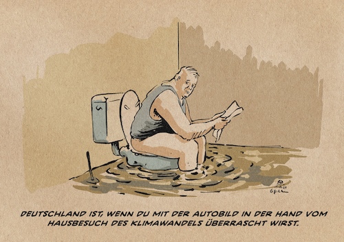Cartoon: Hausbesuch (medium) by Guido Kuehn tagged klimawandel,hochwasser,mobilität,verkehrswende,klimawandel,hochwasser,mobilität,verkehrswende