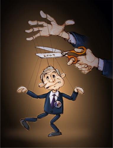 Cartoon: No strings attached (medium) by gnurf tagged bush,puppet,strings,scissors,hands,2009,caricature