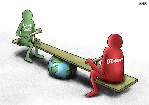 Cartoon: Economy and Coronavirus (medium) by miguelmorales tagged coronavirus,economy,covid19,cases,coronavirus,economy,covid19,cases