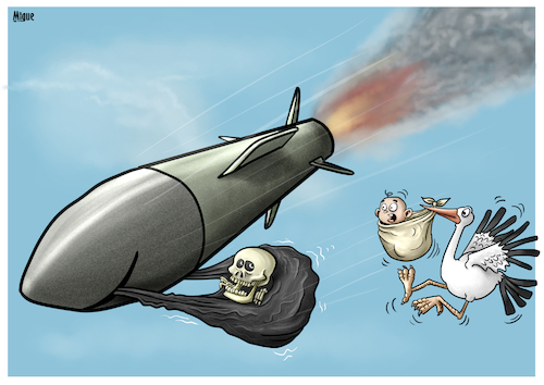 Cartoon: Life and Death (medium) by miguelmorales tagged life,death,war,rocket,bomb,ukraine,russia,stork,life,death,war,rocket,bomb,ukraine,russia,stork