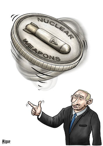 Cartoon: To bomb or not to bomb (medium) by miguelmorales tagged putin,nuclear,weapon,threat,russia,ukraine,conflict,to,bomb,putin,nuclear,weapon,threat,russia,ukraine,conflict
